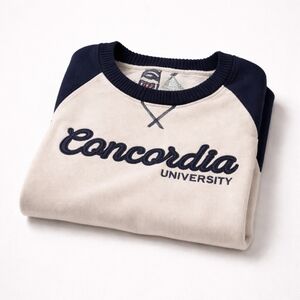 Concordia University Crewneck Sweater — Navy & Cream Raglan — M — Bruzer / Renu